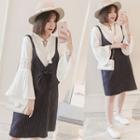 Set: Bell-sleeve Blouse + Pinstriped Spaghetti Strap Dress