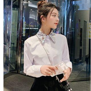 Sequined Collar Shirt / Mini A-line Pleated Skirt