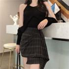 Cold Shoulder Knit Top / Plaid Mini Skirt