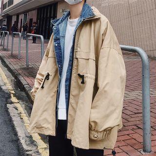 Mock Two-piece Denim Panel Buttoned Jacket