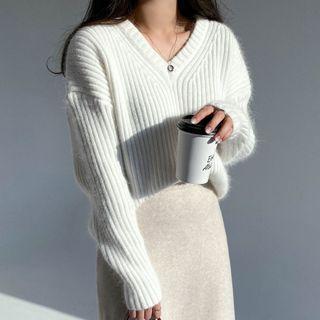 V-neck Ribbed Knit Sweater White - One Size