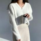 V-neck Ribbed Knit Sweater White - One Size