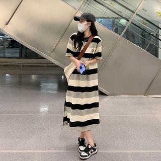 Elbow-sleeve Striped Midi T-shirt Dress Black - One Size