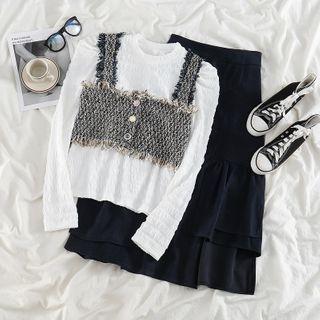 Long-sleeve Top / Frayed Cropped Camisole Top / Midi A-line Skirt / Set