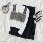 Long-sleeve Top / Frayed Cropped Camisole Top / Midi A-line Skirt / Set