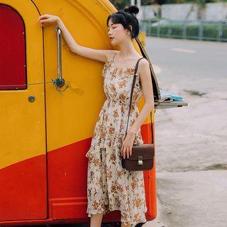 Spaghetti Strap Frill Trim Floral A-line Midi Dress
