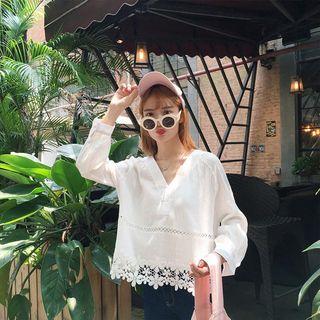 Long-sleeve Lace Trim V-neck Top