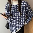 Houndstooth Mock-neck Sweater Blue - One Size