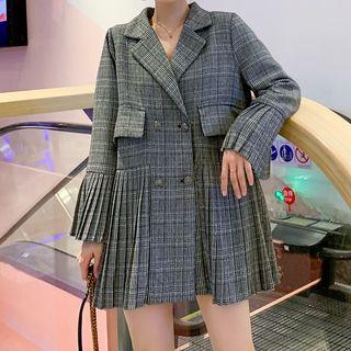 Bell-sleeve Plaid Double-breasted Blazer Dress
