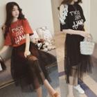 Set: Elbow-sleeve Lettering T-shirt + Midi A-line Mesh Skirt