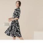 Tie-waist Geometric Pattered Chiffon Midi Dress