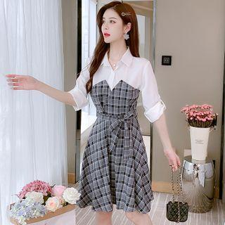 Mock Two-piece Short-sleeve Lace-up Plaid Panel Shirt Dress