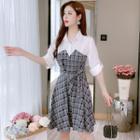 Mock Two-piece Short-sleeve Lace-up Plaid Panel Shirt Dress
