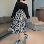 One Shoulder Long Sleeve Top / Leopard Print A-line Skirt