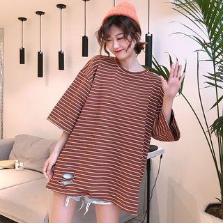 Elbow-sleeve Striped Ripped T-shirt