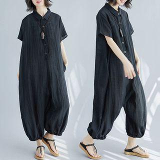 Cropped Short-sleeve Jumpsuit Black - One Size