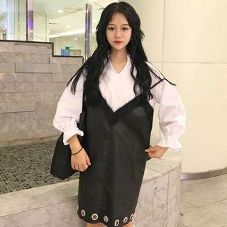 Set: Plain Split Shirt + Eyelet Detail Spaghetti Strap Dress