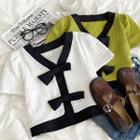 Puff-sleeve V-neck Contrast Trim Top