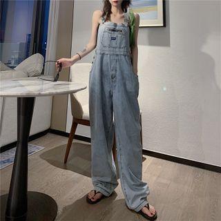 Washed Wide-leg Denim Dungaree Pants