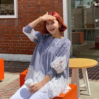 Smocked-panel Lace-detail Checked Top