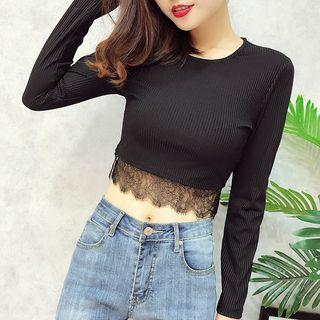 Lace Hem Long-sleeve Cropped T-shirt