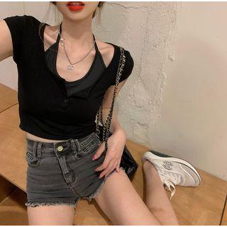 Short-sleeve Plain Mock Two-piece Slim-fit Top