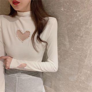Long-sleeve Faux Pearl Heart Mock-neck Top