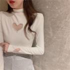 Long-sleeve Faux Pearl Heart Mock-neck Top