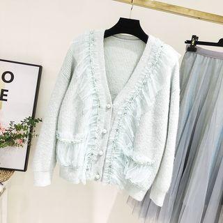 Frill-trim Cardigan Light Blue - One Size