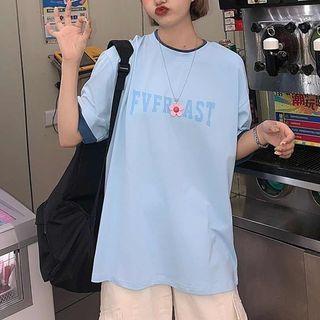 Contrast Trim Lettering Short-sleeve T-shirt Light Blue - One Size