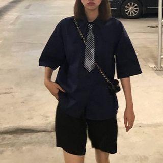 Plain Elbow-sleeve Shirt With Striped Tie/ Plain Wide-leg Shorts