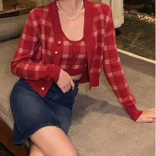 Set: Plaid Cardigan + Sleeveless Knit Top