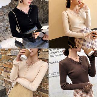 Lace Trim V-neck Long-sleeve Knit Top