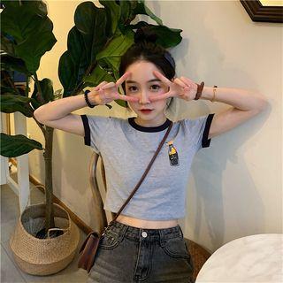 Short-sleeve Scoop-neck Print Crop T-shirt