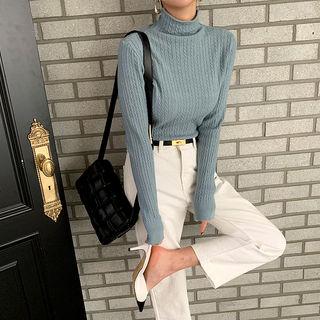 Mockneck Fitted Cable-knit Top
