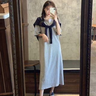 Elbow-sleeve Midi A-line T-shirt Dress / Knit Scarf
