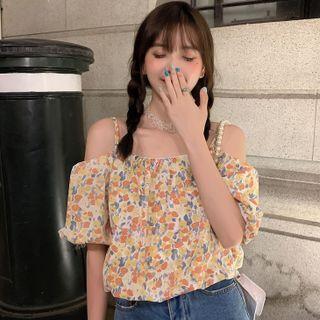 Cold-shoulder Puff-sleeve Floral Crop Top
