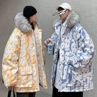Fluffy Trim Graphic Print Hooded Zip Jacket