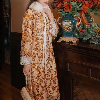 Mandarin Collar Floral Midi A-line Dress / Fluffy Scarf / Set