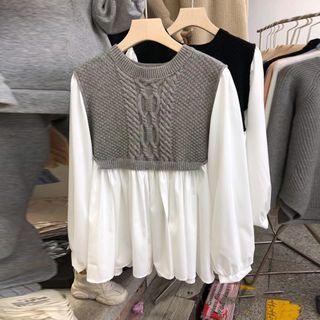 Mock Two-piece Cable Knit Panel Blouse