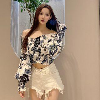 Off Shoulder Printed Ruffle Blouse