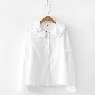 Rabbit Embroidered Collared Long-sleeve Top