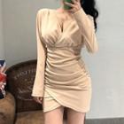 Long-sleeve V-neck Shirred Mini Bodycon Dress