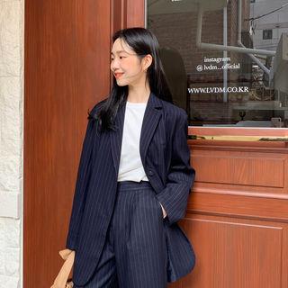 Pinstriped Boyfriend Longline Blazer Navy Blue - One Size