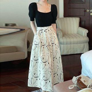 Short-sleeve Blouse / Print A-line Skirt / Set