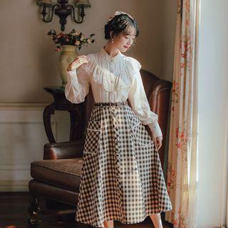 Ruffle Trim Blouse / Plaid Mini A-line Skirt / Set