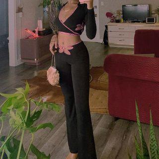 Set: Long-sleeve Cut-out Wrap Crop Top + Bootcut Pants