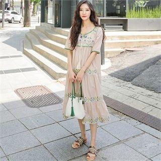 Tie-neck Embroidered Midi Shift Dress