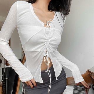 Long-sleeve Lace-up Slit Crop Top