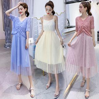Set: Elbow-sleeve Knit Top + Strappy Midi Pleated Dress